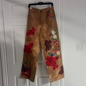 Free People Brown Floral Embroidered Wide Leg Jeans